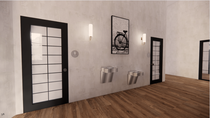 Bike shop bathroom doors from hallway